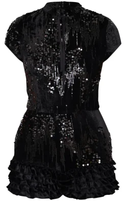 Velvet Sequin Key Hole Bloomer Romper-PrettyLittleThing Online