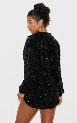 Velvet Sequin Oversized Shirt Dress-PrettyLittleThing Best