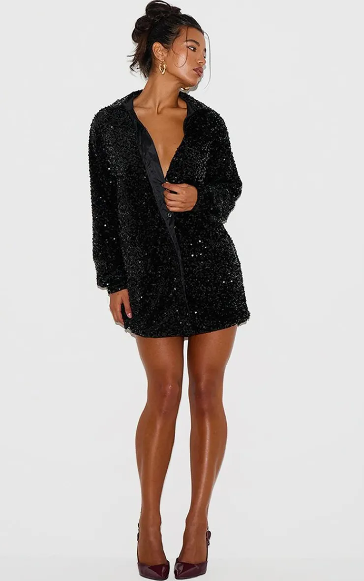 Velvet Sequin Oversized Shirt Dress-PrettyLittleThing Best