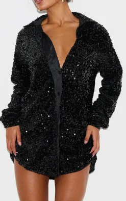 Velvet Sequin Oversized Shirt Dress-PrettyLittleThing Best