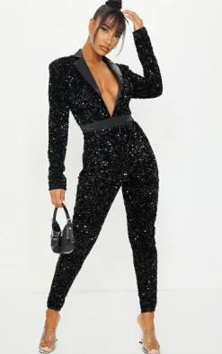 Velvet Sequin Plunge Front Tailored Jumpsuit-PrettyLittleThing Discount