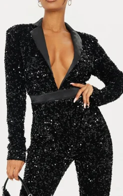 Velvet Sequin Plunge Front Tailored Jumpsuit-PrettyLittleThing Discount