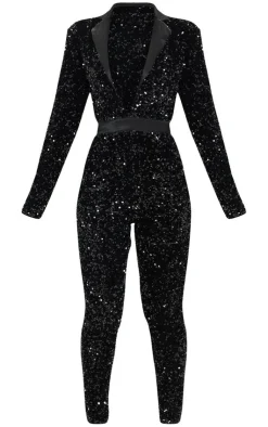 Velvet Sequin Plunge Front Tailored Jumpsuit-PrettyLittleThing Discount