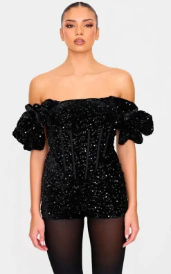 Velvet Sequin Puff Sleeve Romper-PrettyLittleThing Online