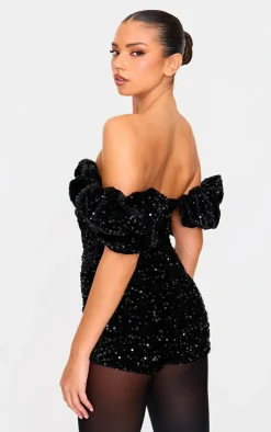 Velvet Sequin Puff Sleeve Romper-PrettyLittleThing Online