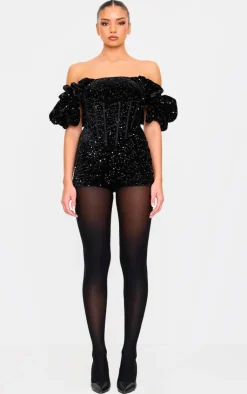 Velvet Sequin Puff Sleeve Romper-PrettyLittleThing Online