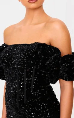 Velvet Sequin Puff Sleeve Romper-PrettyLittleThing Online