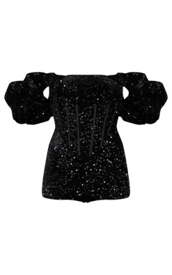 Velvet Sequin Puff Sleeve Romper-PrettyLittleThing Online