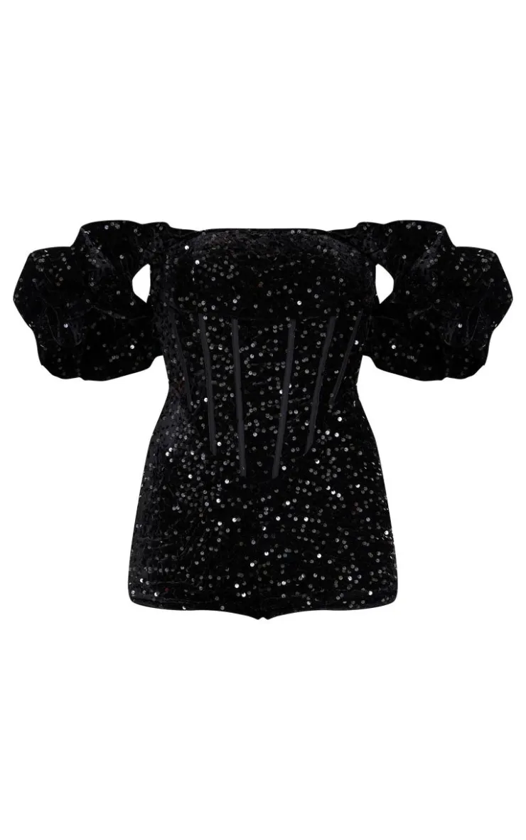 Velvet Sequin Puff Sleeve Romper-PrettyLittleThing Online