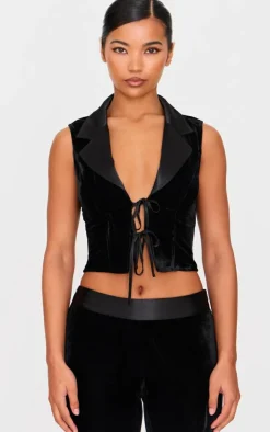 Clearance PrettyLittleThing Velvet Tie Front Vest Black