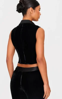 Clearance PrettyLittleThing Velvet Tie Front Vest Black