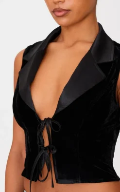 Clearance PrettyLittleThing Velvet Tie Front Vest Black