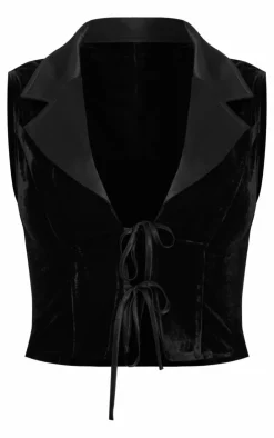 Clearance PrettyLittleThing Velvet Tie Front Vest Black