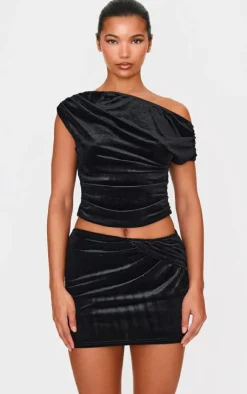 New PrettyLittleThing Velvet Wrap Detail Mini Skirt Black