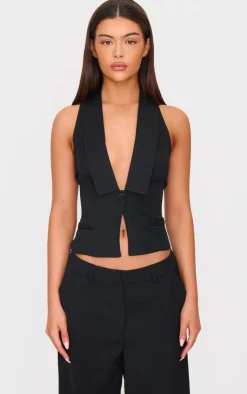 Clearance PrettyLittleThing Vest Style Halterneck Top Black