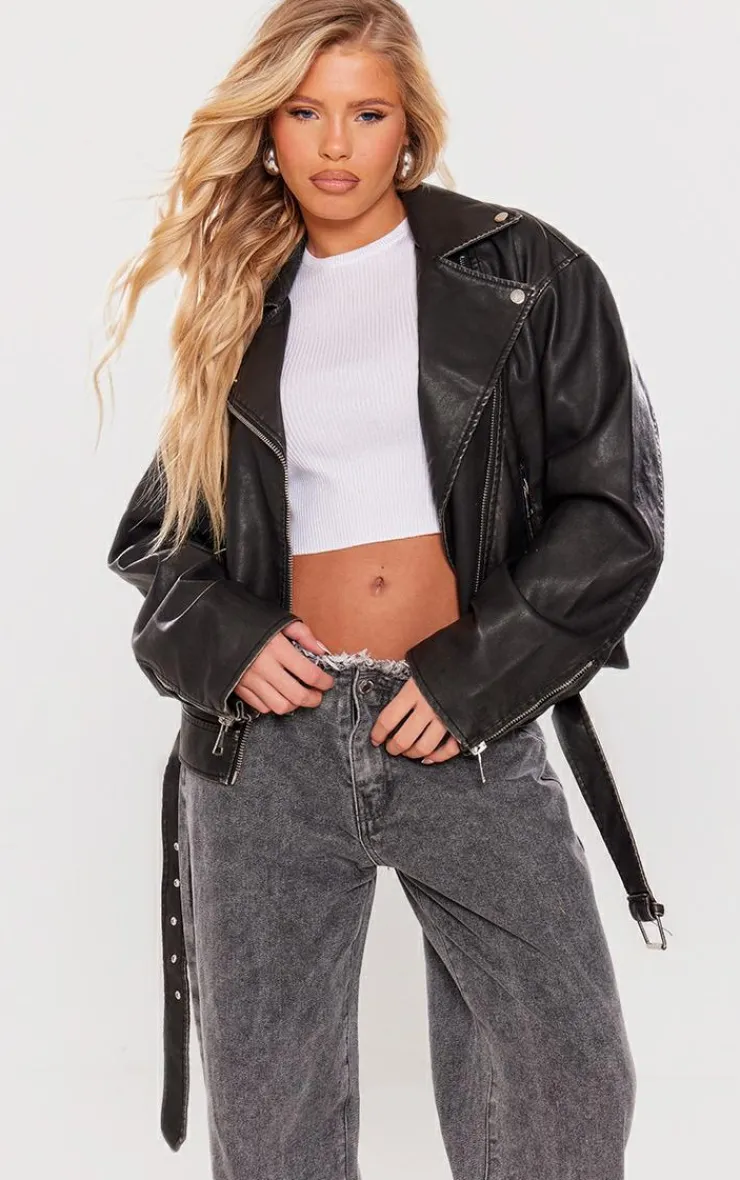 PrettyLittleThing Faux Leather Jackets*Vintage Faux Leather Oversized Zip Up Biker Jacket