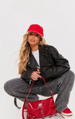 PrettyLittleThing Faux Leather Jackets*Vintage Faux Leather Oversized Zip Up Biker Jacket
