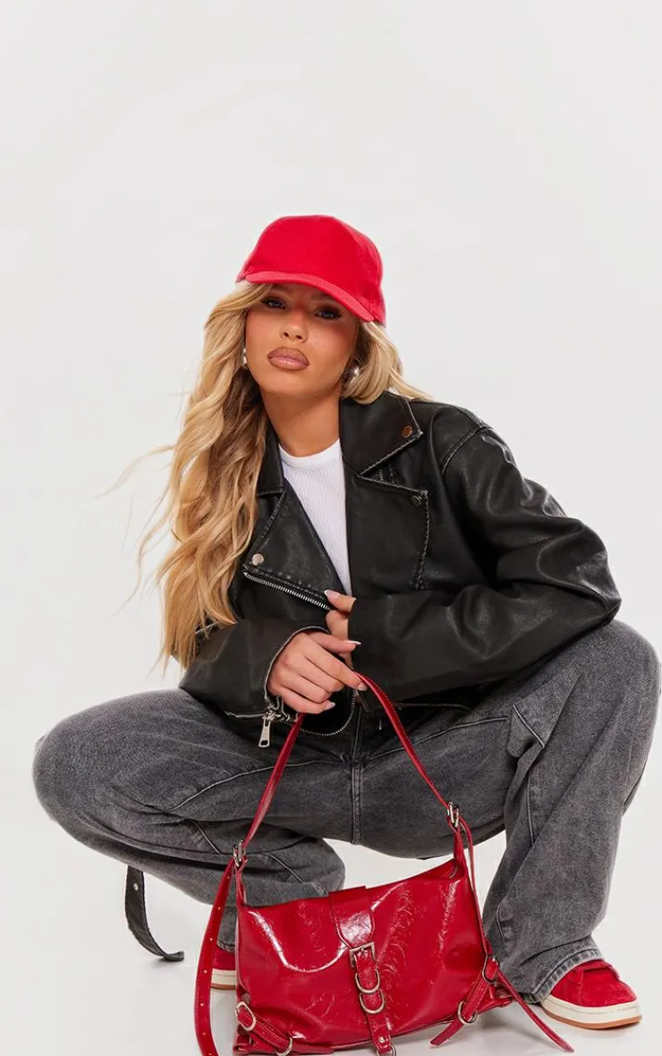 PrettyLittleThing Faux Leather Jackets*Vintage Faux Leather Oversized Zip Up Biker Jacket