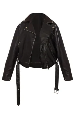 PrettyLittleThing Faux Leather Jackets*Vintage Faux Leather Oversized Zip Up Biker Jacket