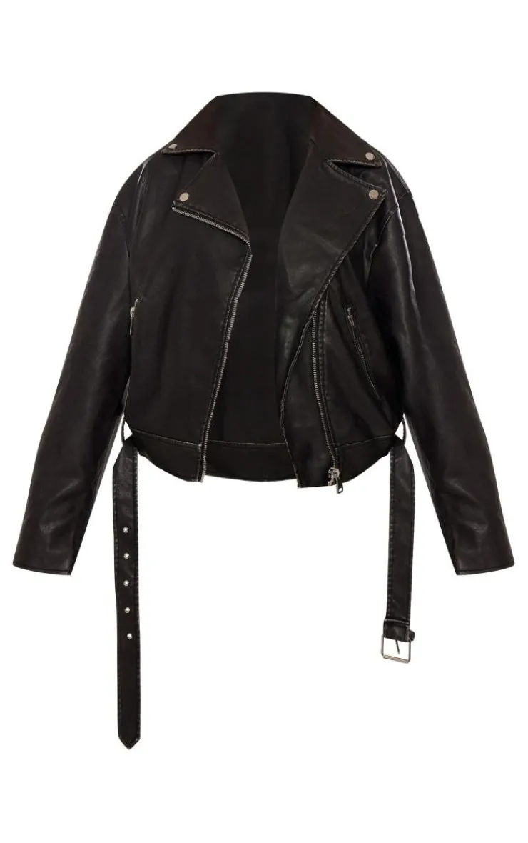 PrettyLittleThing Faux Leather Jackets*Vintage Faux Leather Oversized Zip Up Biker Jacket