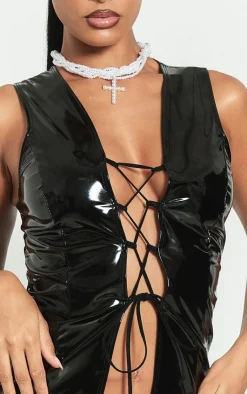 PrettyLittleThing Sleeveless Tops*Vinyl Plunge Lace Up Sleeveless Long Top