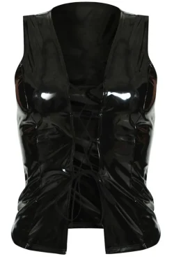 PrettyLittleThing Sleeveless Tops*Vinyl Plunge Lace Up Sleeveless Long Top