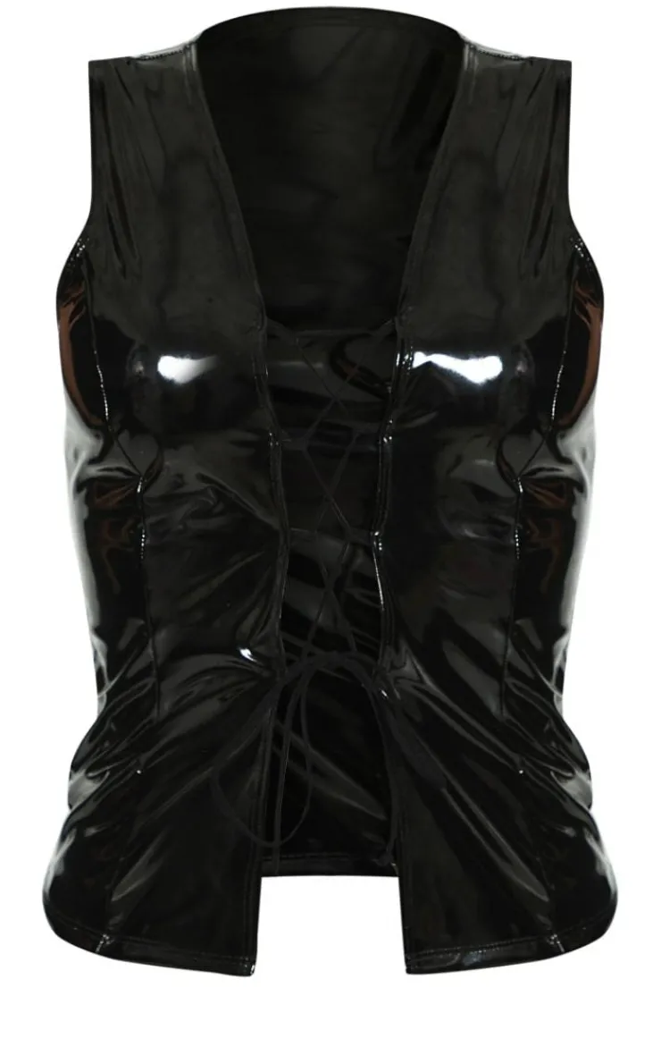 PrettyLittleThing Sleeveless Tops*Vinyl Plunge Lace Up Sleeveless Long Top