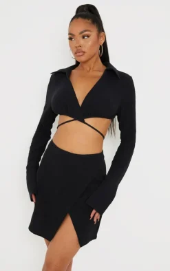 Best PrettyLittleThing Waffle Tie Wrap Mini Skirt Black