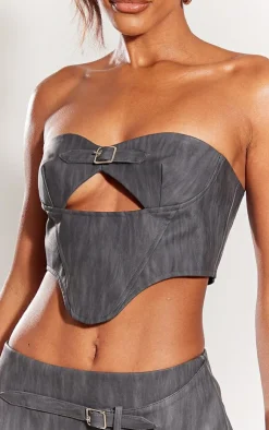 Clearance PrettyLittleThing Washed Faux Leather Buckle Detail Top Black