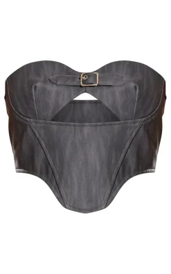 Clearance PrettyLittleThing Washed Faux Leather Buckle Detail Top Black