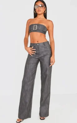 Sale PrettyLittleThing Washed Faux Leather Belted Straight Leg Pants Black