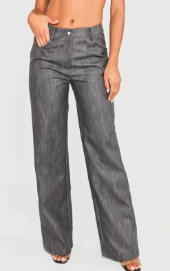 Sale PrettyLittleThing Washed Faux Leather Belted Straight Leg Pants Black