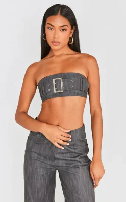 Discount PrettyLittleThing Washed Faux Leather Belted Micro Bandeau Black