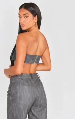 Discount PrettyLittleThing Washed Faux Leather Belted Micro Bandeau Black
