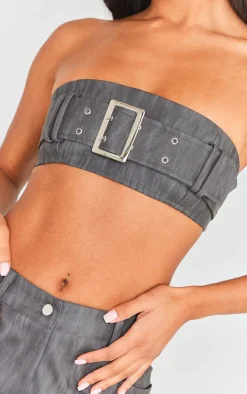 Discount PrettyLittleThing Washed Faux Leather Belted Micro Bandeau Black
