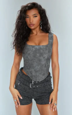 PrettyLittleThing Corsets*Washed Faux Leather Boned Corset