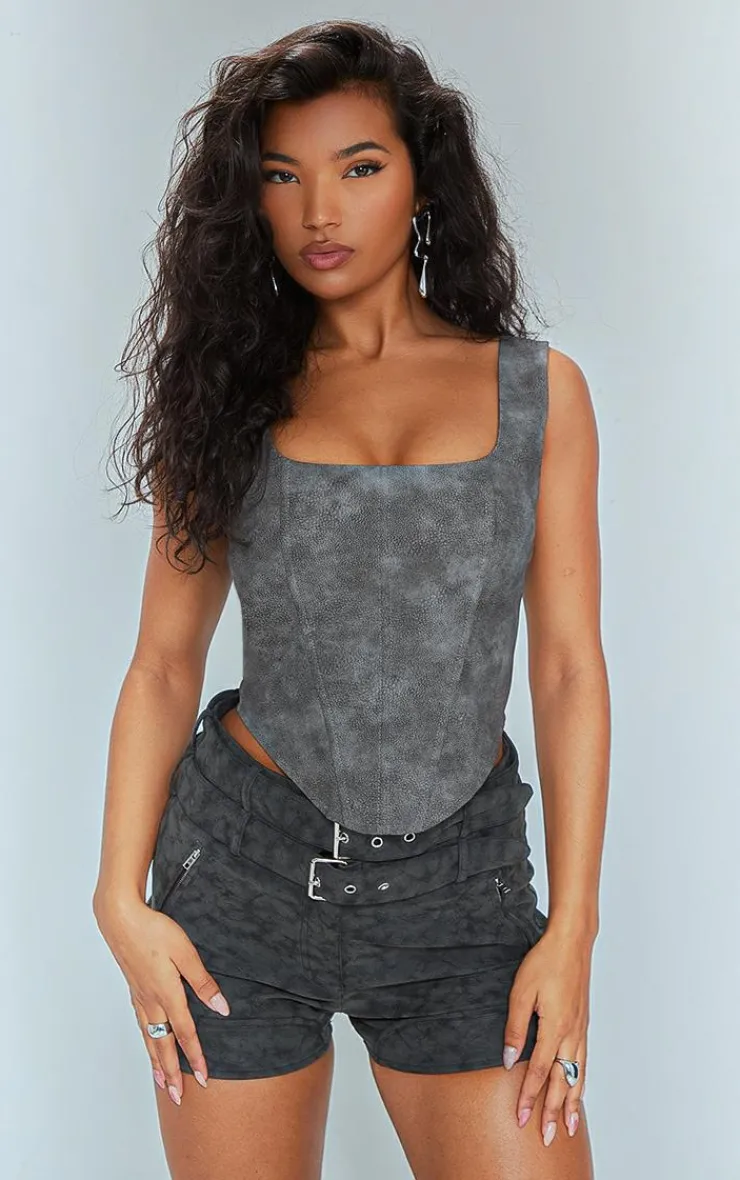 PrettyLittleThing Corsets*Washed Faux Leather Boned Corset