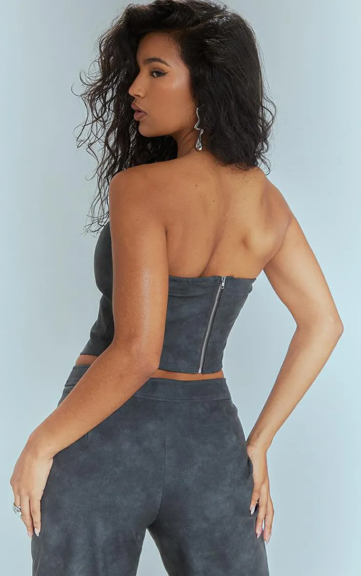 Best PrettyLittleThing Washed Faux Leather Seam Detail Bandeau Corset Black