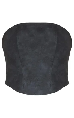 Best PrettyLittleThing Washed Faux Leather Seam Detail Bandeau Corset Black