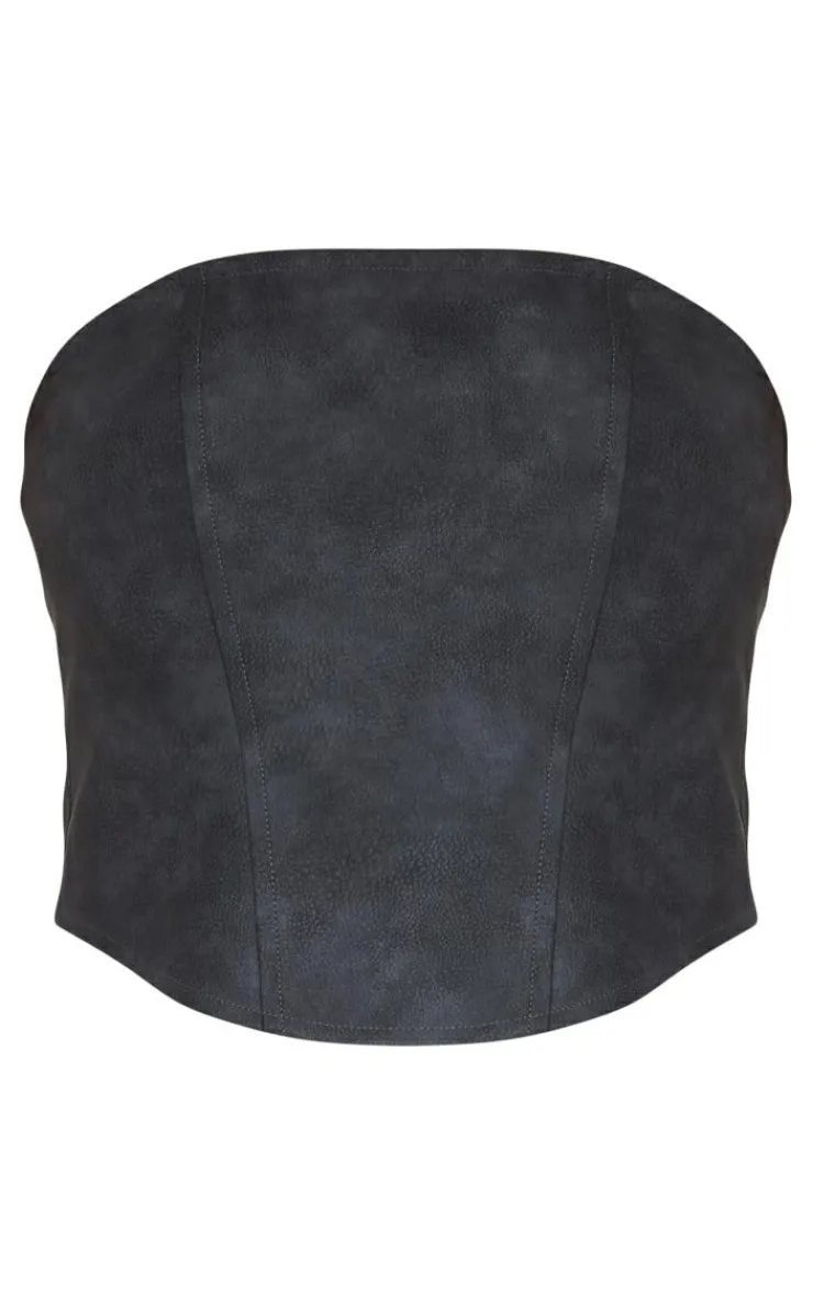 Best PrettyLittleThing Washed Faux Leather Seam Detail Bandeau Corset Black
