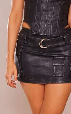 Sale PrettyLittleThing Washed Faux Leather Cargo Micro Mini Skirt Black