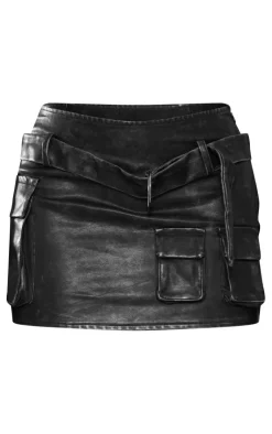 Sale PrettyLittleThing Washed Faux Leather Cargo Micro Mini Skirt Black