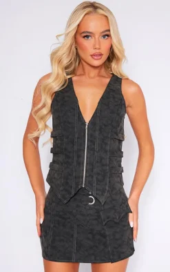 Sale PrettyLittleThing Washed Faux Leather Strap Detail Wrap Over Micro Mini Skirt Black