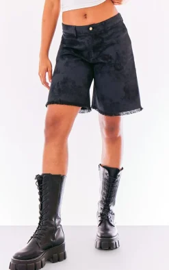 Black Washed Twill Oversized Raw Hem Long Shorts