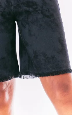 Black Washed Twill Oversized Raw Hem Long Shorts
