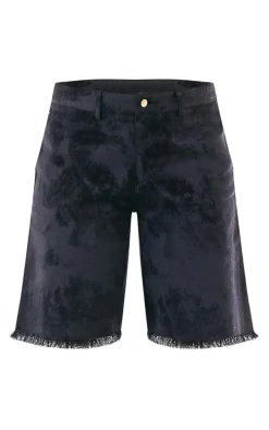 Black Washed Twill Oversized Raw Hem Long Shorts