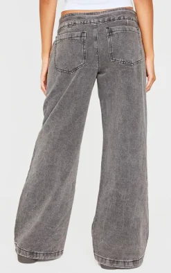 Black Washed Twill Tie Belt Detail Wide Leg Pants