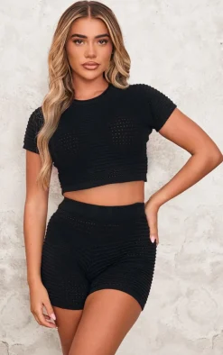Online PrettyLittleThing Wave Open Knit Short Sleeve Top Black