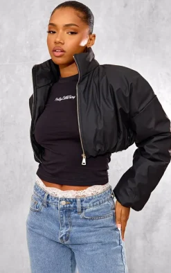 PrettyLittleThing Puffer Jackets*Wax Look Zip Up Cropped Puffer Coat