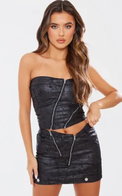 Outlet PrettyLittleThing Waxed Denim Zip Detail Micro Mini Skirt Black